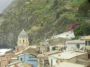 View of blue housse and bouganvilla